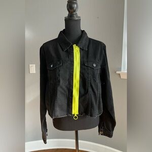 Fashion Nova Black Denim Jacket with Neon Yellow Zipper